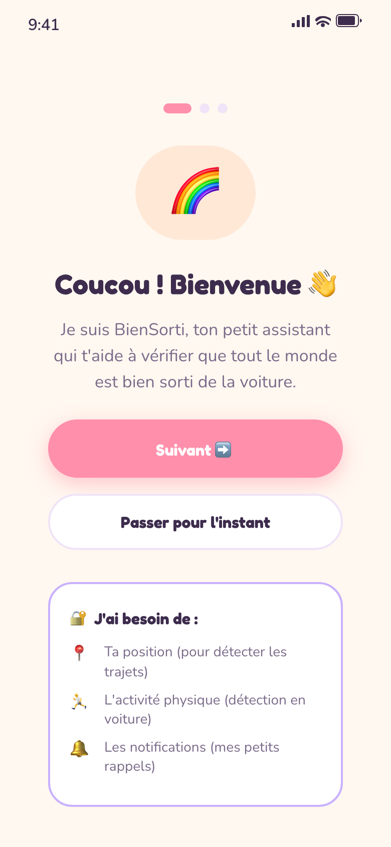 BienSorti welcome and setup screen